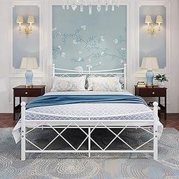 Design HUB1 King Size Metal Platform Bed Frame Curved Headboard Design, White-23