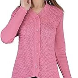 Women's Woolen V-Neck Cardigan - Heavy Daffodil Fabric, Winter Wear, Pure Wool, Free Size, Long, Fully Warm (L, Pink)-image-87