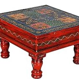 Wooden palm Decorative Bajot/Chawki/handpained Bajot/Handpainted Chawki/Multipurpose Stool/Multipurpose Pooja Mandir Stool/Multicolour Bajot Cum Stool (Multicolour Size, 10Inch)-22