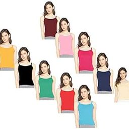 Women's Regular Fit Cotton Camisole Slip Spaghetti Combo Pack of 10 - Multicolored-image-48