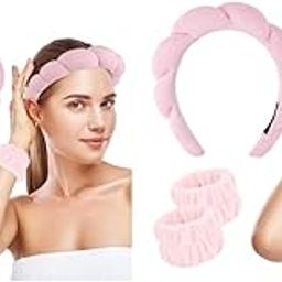 Spa Headband Wristband for Women Girls Face Washing Facial Skincare Sunflower Sponge Makeup Hairband Wrist Washband Combo Set Pink 2PCS-image-28