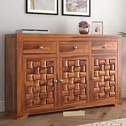 Craftswood Sheesham Wood Sideboard Cabinet with 3 Drawers and 3 Shelves for Home Living Room - Kitchen Cabinet Storage Honey Finish - Preassembled-image-42