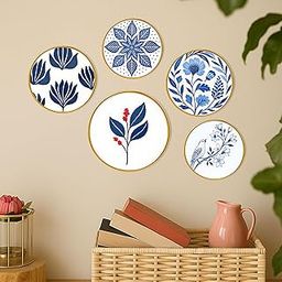 Decorative Round Wall Hanging Set of 5 Blue Botanical Floral Bird Theme Wall Art for Living Room Bedroom Office Cafe Home Decor with Golden Border Frame Minimal Modern Nordic Design-image-90
