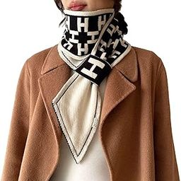 Black & White H Letter Soft Double-Sided Print Collar Ties Winter Knitted Fashionable Slip-on Scarf for Women Retro Design Letter Pattern Narrow Long Warm Muffler -140x13cm, Geometric Pattern-image-36