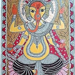 Mithila Kriti Ganesha Madhubani Painting on Canvas, Acrylic Paints, Authentic Mithila Artworks-image-9