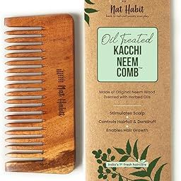 Nat Habit Kacchi Neem Wooden Shampoo Comb - Soaked In 17 Herbs, Neem & Sesame Oil - For Post Shampoo Detangling Suited For Long & Thick Hair (Wide Tooth- Small Size) Pack of 1-52