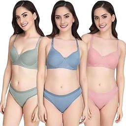 Women Cotton Non Padded Non-Wired Full Cup Padded T-Shirts Bra and Panty Lingerie Set-image-64