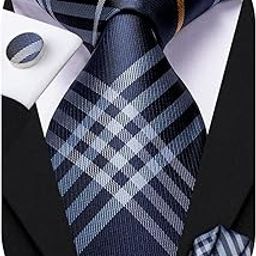 Mens Plaid Ties Classic Paisley Necktie with Handkerchief Cufflinks Set Business Stripe Tie, Navy Blue Plaid-14