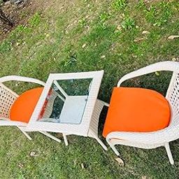 TERRALUXE Designer 2 Chair 1 Table for Garden|| Balcony|| Terrace|| Coffee|| Patio ||Wicker Seating Chair and Table Set Outdoor Furniture (D-8 OFFWHITE with 2 Chair 1 Table with Orange Cushions)-image-95
