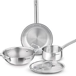 Bergner Tripro Triply Stainless Steel 4 Pc Cookware Set, 24 cm Indian Wok/Kadai with Lid, 22 cm Frypan, 16 cm Tea Pan, Even and Fast Heating, Induction Bottom, Gas Ready, Silver-19
