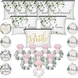 24 Pieces Bride Bridesmaid Proposal Gifts Wedding Makeup Bag Gift Set Includes 8 Canvas Makeup Bags Matron of Honor Bag 8 Satin Hair Scrunchies 8 Compact Makeup Mirrors Bridal Shower (Green Leaves)-image-87