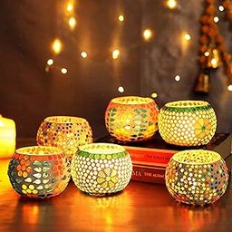 TIED RIBBONS Pack of 6 Mosaic Glass Votive Tealight Candle Holders for Dining Table - Decorations Items for Home Decor Living Room (Pack of 6, Glass) - Home Décor - Gifts Item-11