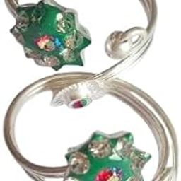 Brass Green Enamel Star Toe Rings for Women | Adjustable Open Band with Stone Work | Traditional Ethnic Toe Jewelry | Lightweight| Set of 2-image-18