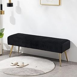Furniliving Velvet Upholstered Bench Ottoman, Mid-Century Tufted Fabric Footrest Ottoman Modern Entryway Bench Indoor Bench with Golden Metal Legs for Living Room Bedroom Hallway (Velvet-Black)-image-35
