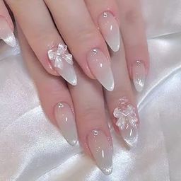 24 Reusable Artificial Fake Nail Set |Base Peach colour with Silver White Bow Design Glossy Nails | Lightweight & Long Lasting| Quick Fix For Festivals & Special Occasions-41