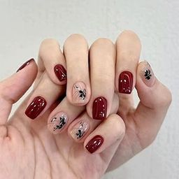 Nakhi 24 Reusable Artificial Fake Nail Set | Base maroon colour with flower Design Squoval Design Glossy Nails | Lightweight & Long Lasting | Quick Fix For Festivals & Special Occasions-55