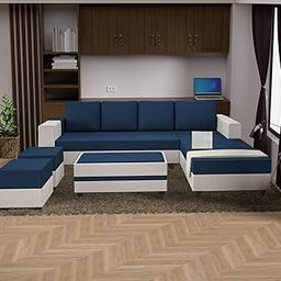 SIYA ART Right Facing Upholstered L Shape 8 Seater Sofa Set | Sectional Swed Fabric Sofa Set with Centre Table, 2 Puffy Ottomans and 4 Small Pillows for Living Room & Drawing Room (Blue & White)-image-84