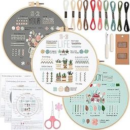 Kienlix 3 Sets Embroidery kit for Beginners Adults, Learn 34 Different Stitches DIY Kits, Includes Stamped Flower Pattern, Hoop, Color Threads, Tools, Easy to Follow Instruction & Video-31