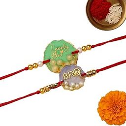Set of 2 Rakhi for Brother Bhai Boys with Roli Chawal and Greeting Card Handmade Resin Rakhi for Brother-7