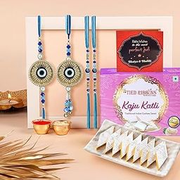 TIED RIBBONS Rakhi for Brother and Bhabhi Kids with Sweets Gift - Evil Eye Family Rakhi Set of 4 for Bhaiya Bhabhi with Kaju Katli and Greeting Card Hamper - Bracelet Rakhi for Bhaiya Bhabhi (Choco)-image-74