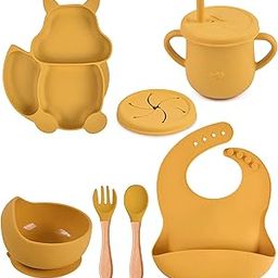 JACK UP- 6Pcs Squirrel Silicone Baby Feeding Set Bpa-Free,Microwave Safe|Tableware Dinner Set for Kids with Silicoen Divider Suction Plate,Bowl,Cup, Spoon,Fork & Bib, Mess Free Meal Time Set'-image-10