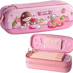 DEOXY Yummy Double Layer Space Pencil Case 3D Cover EVA Peach Cake Theme Large Capacity Pencil Zipper Pouch Bag Compass School Organizer for Students Kids-image-6