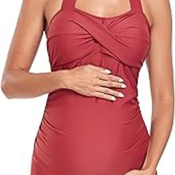 Maternity One Piece Swimwear Retro Halter Swimsuits with Boyleg Pregnancy Bathing Suits Boyshort-image-16