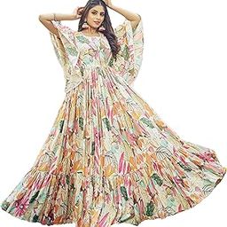 Rayon Gown for Women | Full Length | Printed | Fit & Flare | Flared & Bell Sleeves | Round Neck | Ethenic Dress | Ideal for Casual, Wedding & Party Occassions | Off-White & Sky Blue-image-59