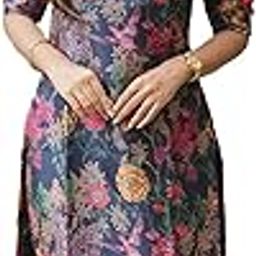 Women's Chanderi Blend Kurta with Floral Printed Regular Fit Mandarin Collared Neck Down Button Half Sleeve Calf Length with Side Slit-28