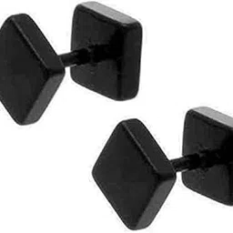 shobhram Black Square Dumble Shape 316L Stainless Steel Earrings for Men and Boys | Fashion Non Piercing Earrings for Men | Stainless Steel Earrings for Boys-picture-22