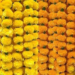 Party Propz Artificial Marigold Flowers for Decoration -10 Pcs (5 Yellow + 5 Orange), 5 Ft Each Genda Phool for Wedding, Flowers Decoration for Ganpati, Janmashtami, Varalakshmi decorations(Synthetic)-image-2