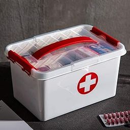 Spellwish Portable Double Layers Rectangular Medicine Cabinet Household First Aid Kit Medical Box Household Plastic Pill Storage Box with Detachable Tray and Handle (White & Red, Standard size)-19
