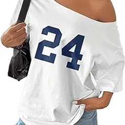sxv style SXV 1pc Loose Off Shoulder Oversized T-Shirt with Number 24 Print Graphic Tees-picture-7