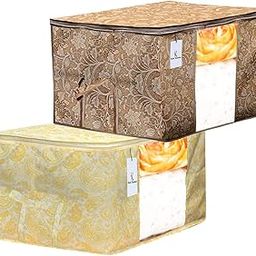 Kuber Industries Metalic Printed 2 Piece Non Woven Fabric Underbed Storage Bag,Cloth Organiser,Blanket Cover with Transparent Window, Gold & Beige -CTKTC041061-14