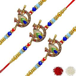 Brass Bansuri Flute Set of 3 Rakhi with Roli Chawal and Greeting Card For Men Brother Kids Thread Rakhi Resin Rakhi Rakhi Set for (Golden) RKH-1036-image-1