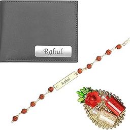 Personalized Solid Leather Name Wallet, Rudraksh Rakhi & Roli Chawal Gift Set With Message Card, Best Rakshabandhan Gift, Trendy Rakhi Combo For Brother, Bhaiyya, etc (Grey)-image-77