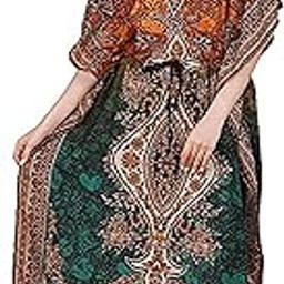 Womens Viscose Blend Multicolored Print Long Kaftan Night Gown Beach Cover Up-88