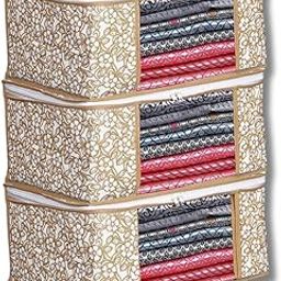 Livello Premium Non-Woven Saree Cover for Wardrobe Storage with Transparent Window & Sturdy Zip Closure | Multipurpose Clothes Organizer for Storing Sarees & More (Beige Flower, Pack of 3)-image-69