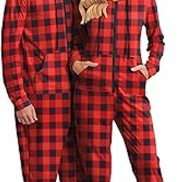 Christmas Family Matching Pajamas Hooded Zipper Onesies Long Sleeve Couple One Piece Sleepwear with Pockets S-XXL, Women-red&black Plaid, Large-image-3
