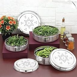 DARAZ Stainless Steel Food Storage Containers with Perforated Lids, Set of 3, Round-image-92