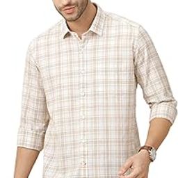 Men's Blended Linen Beige Checked Full Sleeve Casual Shirt-image-82