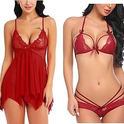 Women Babydoll Lingerie Set for Honeymoon for Woman Thongs | Sexy Night Dress Above Knee Baby Doll Night Dress | Pack of 2 Set.-image-3