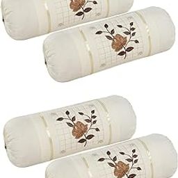 A Decor Embroidered Cotton Bolster Round Pillow Covers 2 Pair or Pack of 4 Pieces, Size: 32 * 16 (cm), (White White)-20