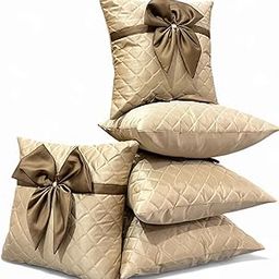 LOFEY Set of 5 Tie Polyester Satin Square Cushion Covers 16 inch x 16 inch (40.64 x 40.64 cm,) for Living Room Bedroom, Stylish & Modern Covers (Beige)-image-38