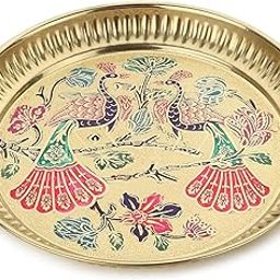 Piepot Pooja Thali | Pooja Plate Brass | Arti Thali | Pure Brass Puja thal for Mandir, Home & Offices | Handrcrafted & Peacock Design | Best for Gifting (8 - INCH)-image-22