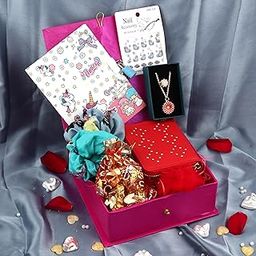 Rakhi gift hamper for sister/rakhi gift for sister/rakhi gift for girls-decorated box+chocolates+diary with lock and keys+2 scrunchy+Ladies wallet+Nail art+daisy pendant and ring box+Card-image-69