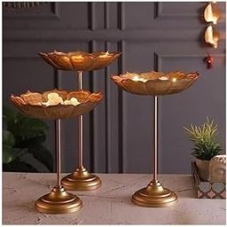 Creative Lamp Lotus Stand Set of 3 Floral Metal Bases for Bowls, T-Lights, Flower Decor | Traditional Accent for Home Temple, Diwali or Ethnic Wedding Decorations Gold Colour-image-59