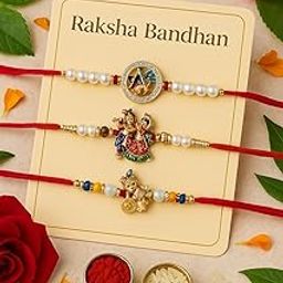 Designer Rakhi Set with Pearl and Gold-Toned Charms, Traditional Raksha Bandhan Collection, Pack of 3, Red-image-44