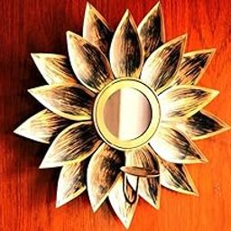 Webelkart Premium Sunflower Mirror Wall Decoration With Tealight Candle Holder - Retro Metal Hanging Living Room Sconce, Golden, 12" Inch - Home Decor Items-image-99