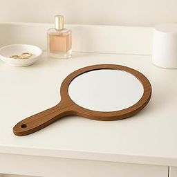 Wooden Hand Mirror with Handle, Round Vanity Mirror for Makeup, Brown-image-46